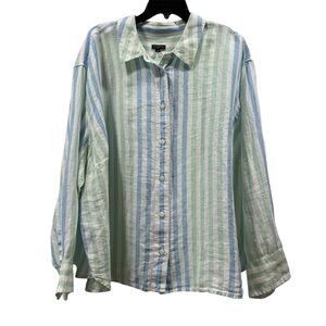 Talbots Blue Green Stripe Linen Boxy Button Up Shirt Size 3X